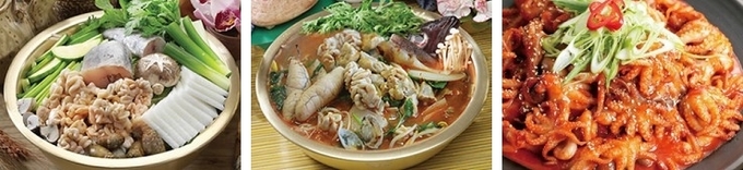 바다양푼이동태탕 인기메뉴인 동태내장전골, 양푼이동태내장탕, 쭈꾸미볶음/사진=바다양푼이동태탕 홈페이지.