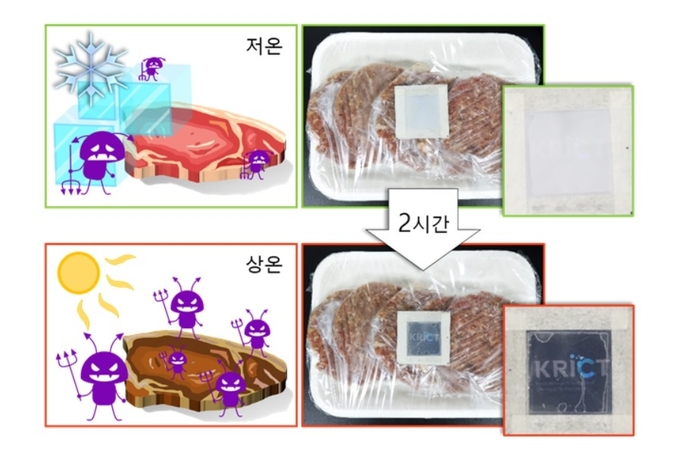 상온에 오래 노출된 냉동식품에 부착된 스티커가 변화하는 모습. 스티커 앞면의 나노섬유 필름이 투명해지면서 일반 필름의 이미지가 나타나고 있다.