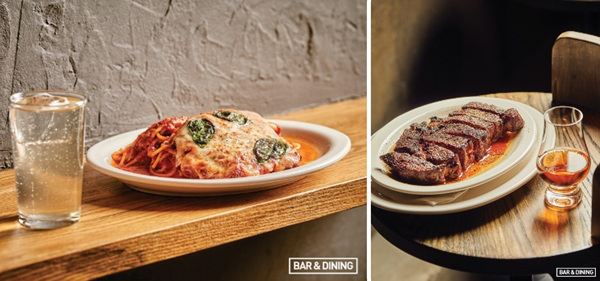 <strong>좌. 토마토 칵테일, 치킨 팜 앤 스파게티 / 우. 립 아이 스테이크, 토끼소주 골드</strong>