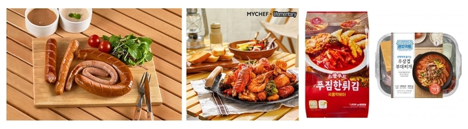 왼쪽부터 선진 말발굽모둠소시지, 마이셰프 준식이 밀키트, 스쿨푸드 푸짐한 튀김 국물 떡볶이, GS25 우삼겹 부대찌개
