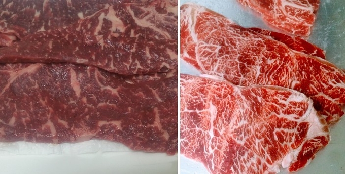 마블링 작업 전 (좌) , 마블링 작업 후 (우)