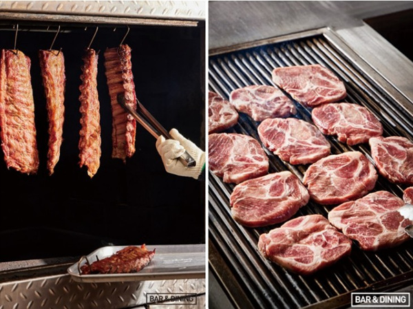 (좌) 가마 속에서 등갈비는 수분을 간직하며 익는다. / (우) 숯불에 구워내는 미국산 목살.