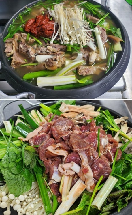 흑염소전골<br>
고기 특유의 부드러움과 탁월한 영양의 보양요리 ‘흑염소’. 흑염소 요리는 3저 4고의 음식으로 유명하다. 저지방, 저콜레스테롤, 고단백 음식이다. 남성에게는 양기를 북돋아주어 스태미나에 좋고, 여성에게는 노화방지, 기미제거에 효과적인 것으로 알려져 있다. 실제로 흑염소에는 다른 동물에는 없는 토코페롤(비타민E)이 다량 함유되어 있어 노화방지에 탁월한 효과가 있다