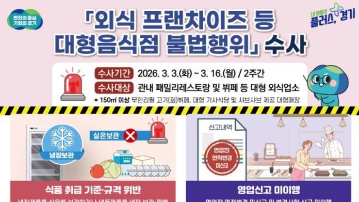 경기도, 외식 프랜차이즈 등 대형음식점 불법행위 집중 수사