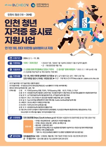 인천시, 미취업 청년에 자격증 응시료 최대 10만 원 지원