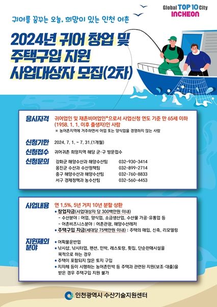 인천시, 귀어 창업 및 주택비용 최대 3억 원까지 융자 지원